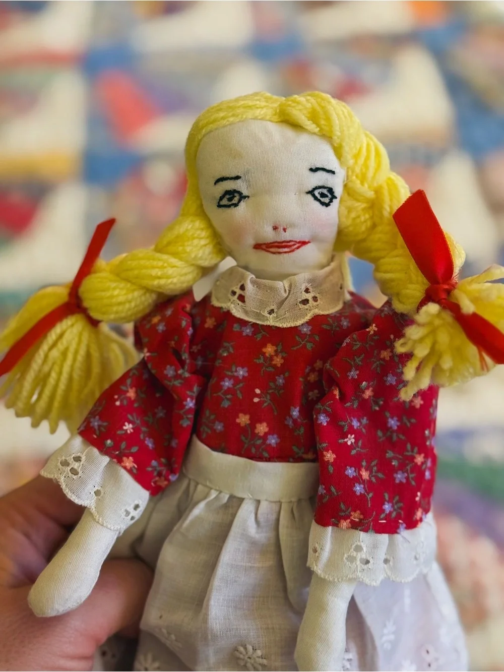 Handcrafted Vintage Yellow-Haired Rag Doll in Red Dress - Kids Toy
